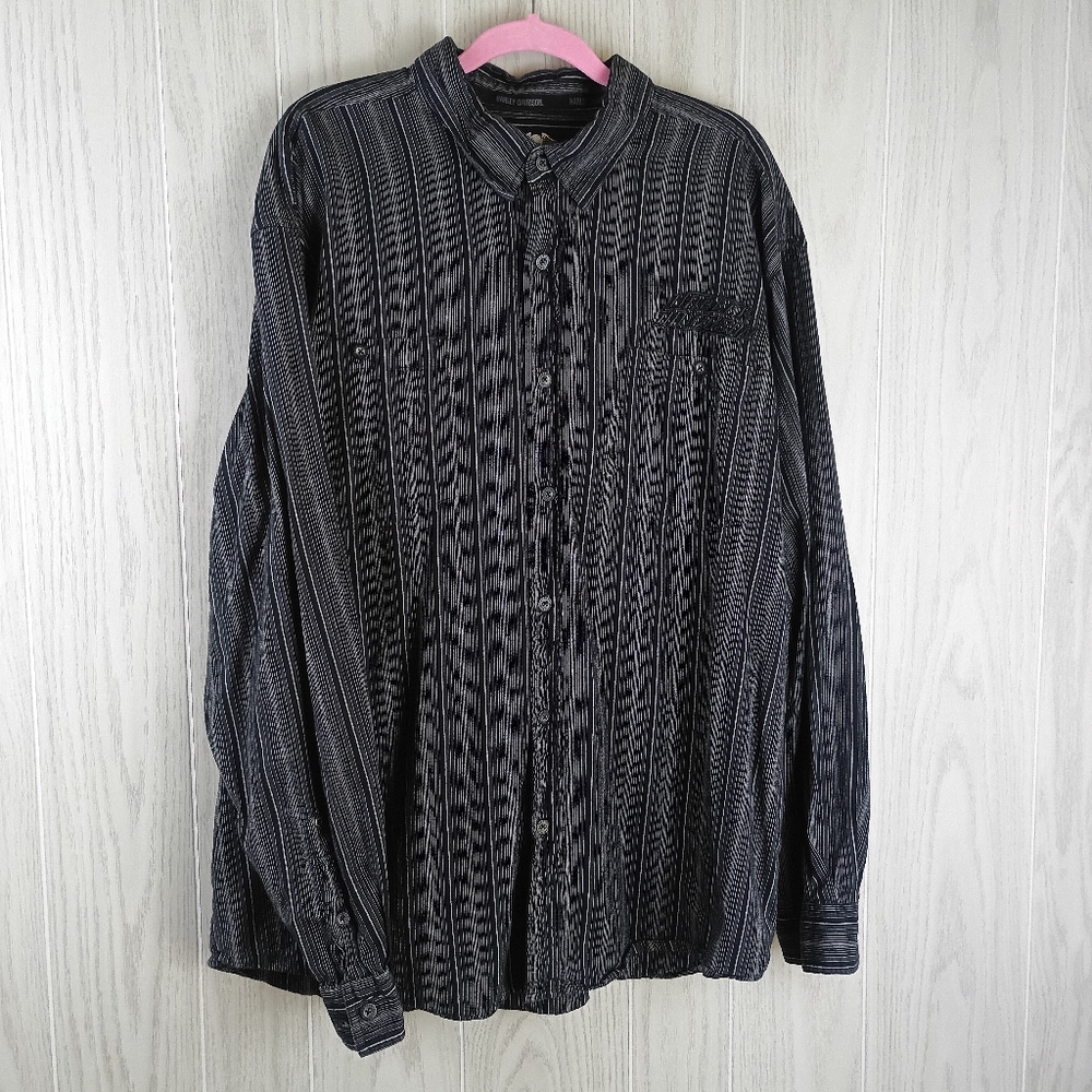 Harley David Shirt Men 2XL Black Button Casual Dress Striped Embroidered Chest.